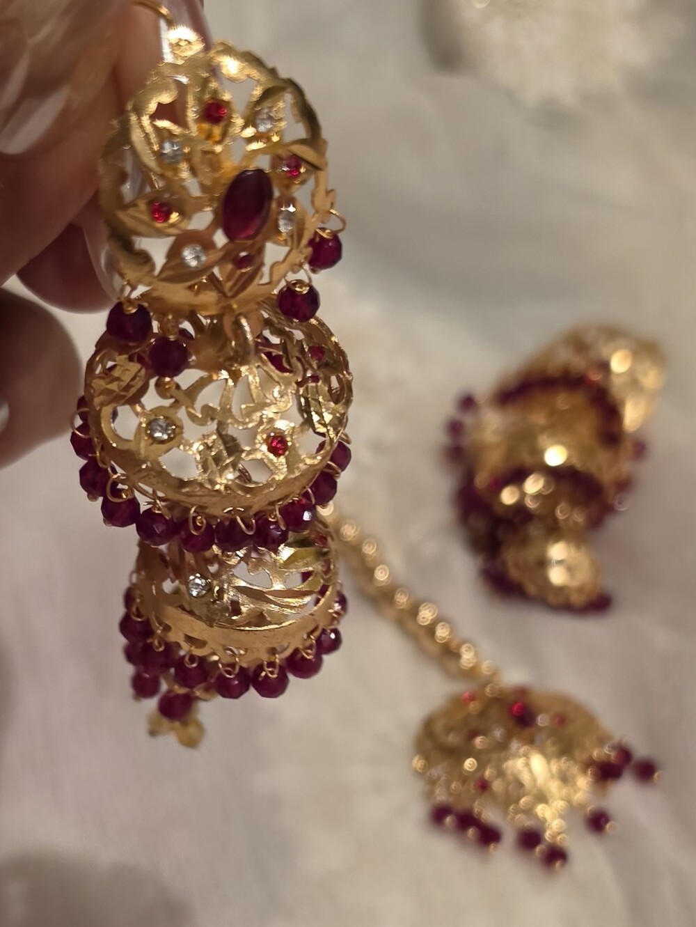 Traditional Gold-Tone Multi-Layer Necklace Set with Red Accents - Picture 11 of 16
